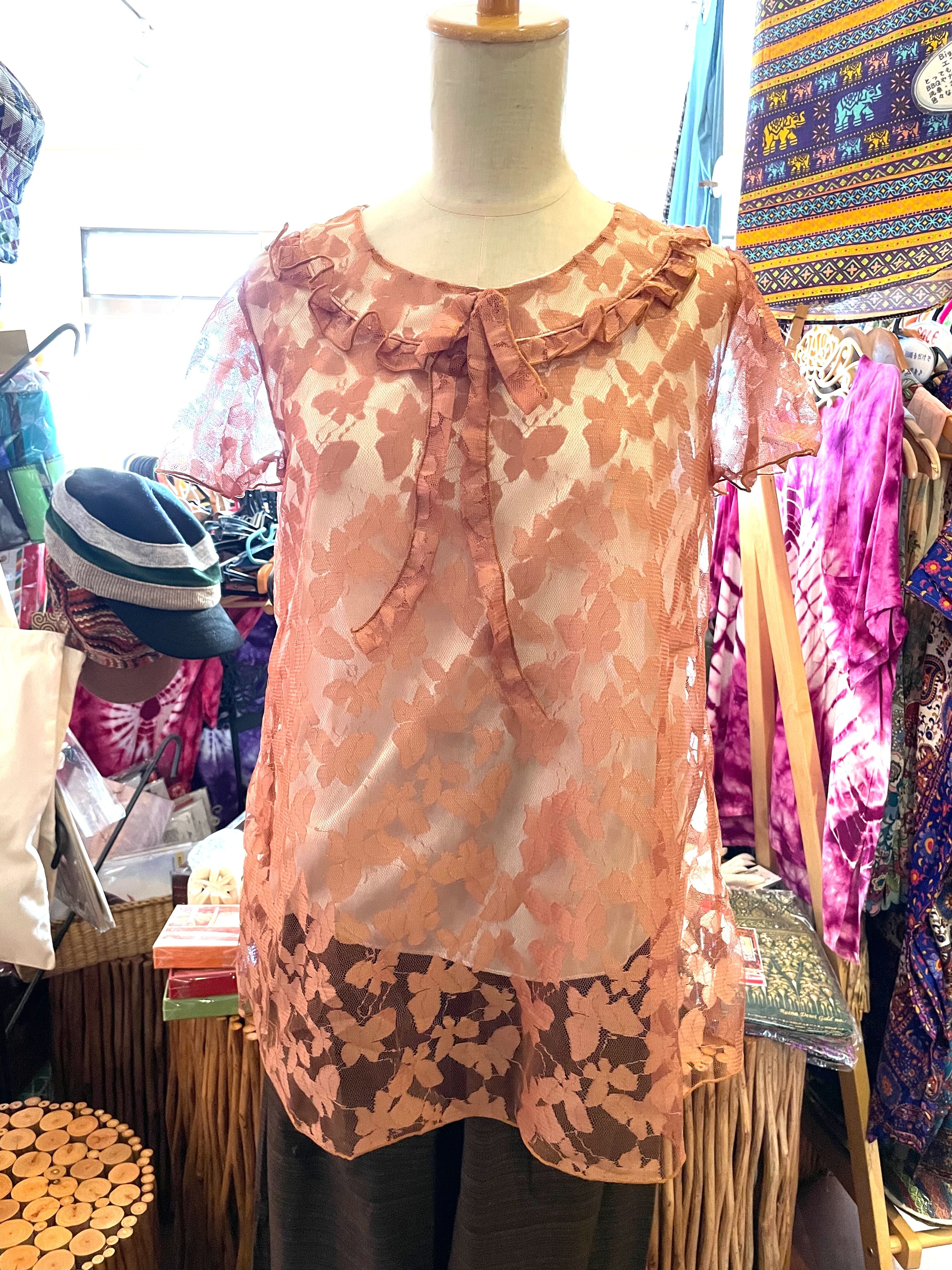 ブラウス 半袖 半袖レースチュニック チュニック フレアー シースルーブラウス ブラウン レース 裏地付き レース 蝶々 蝶々柄 アジアン * アジアン雑貨No.79