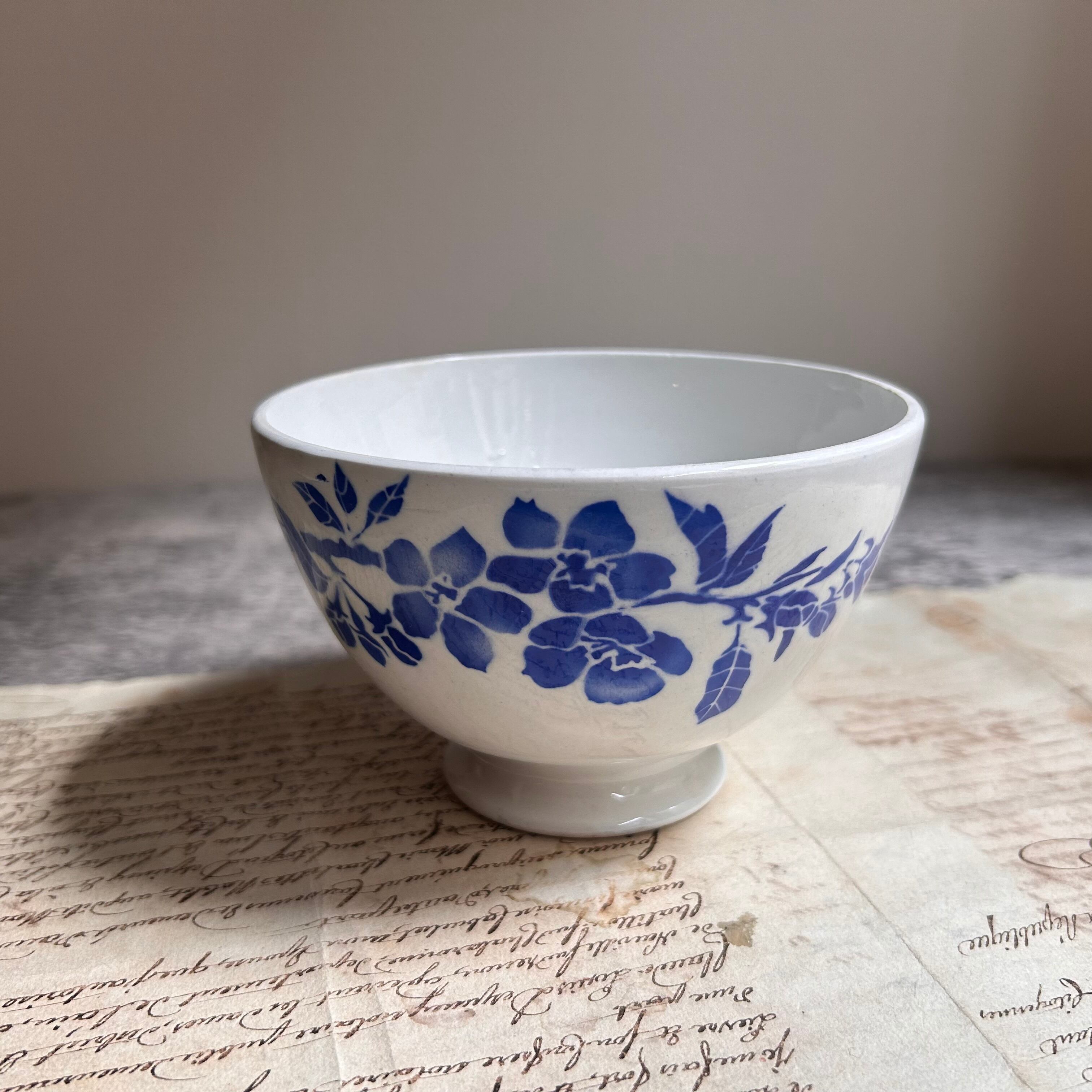 フランス アンティーク カフェオレボウル GIEN ジアン ブルー お花と家族