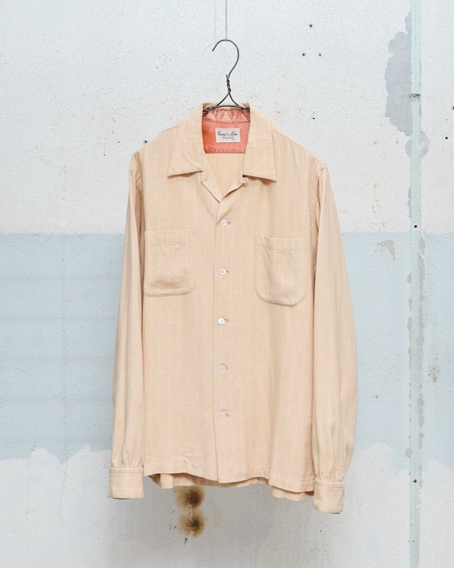 vintage corded pinstripes wool open collar shirt / 16 1/2