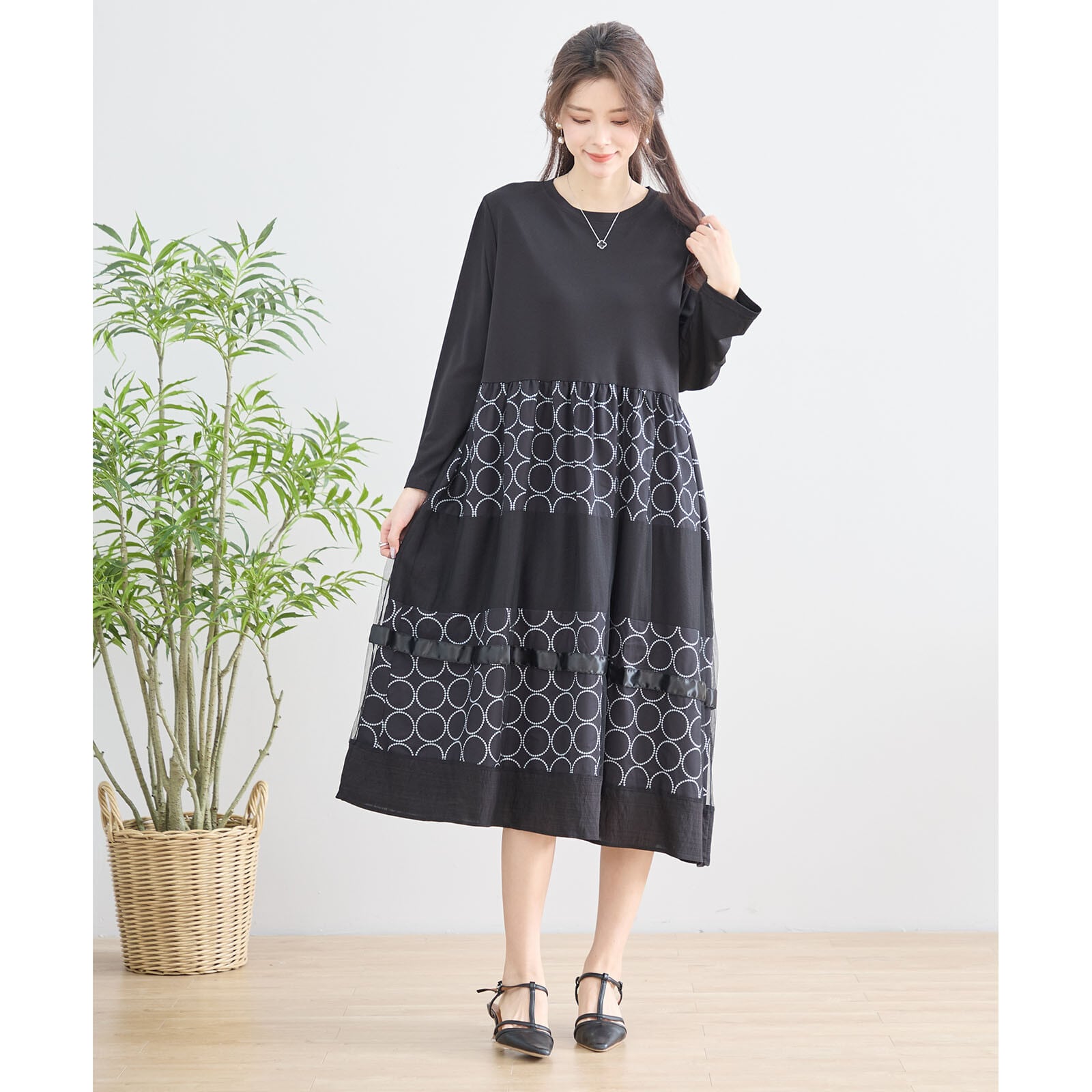 【L〜LL】シアードッキングサークル柄デザインワンピース(N82-055A)