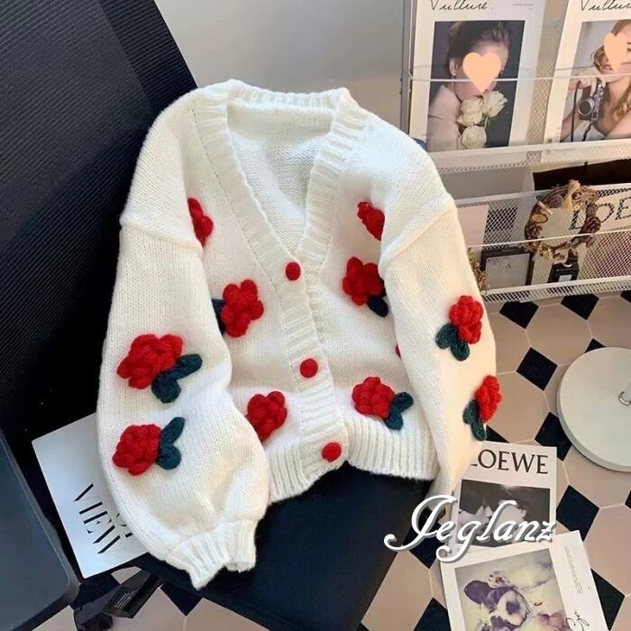 2色 ニット カーディガン 羽織り 立体フラワー 刺繍 レトロ感 ♪(MB507)σ,ς*
