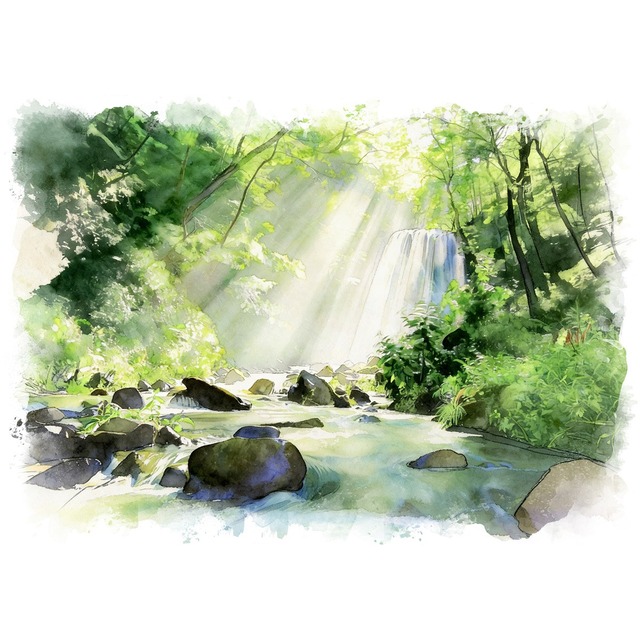 絵画 日本 秋田県由利本荘市 亀田不動滝の風景 インテリアアート額付き 水彩画・油絵風 WAT0038