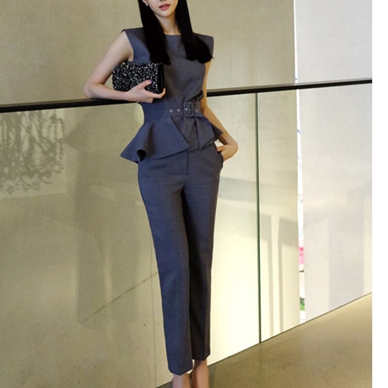 ストライプ ノースリーブペプラムトップス ボトムス セットアップ