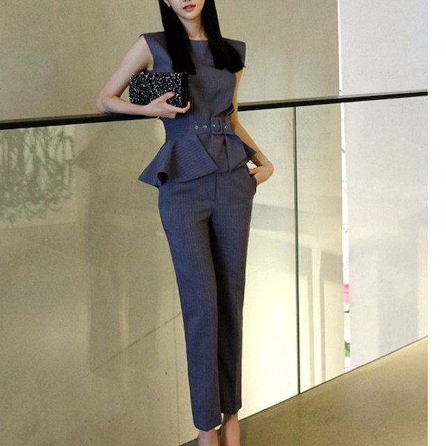 ストライプ ノースリーブペプラムトップス ボトムス セットアップ