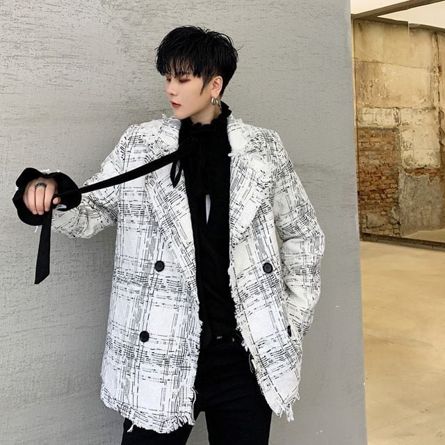 【予約販売】チェック柄コート ジャケット アウター ショート丈 メンズ ホワイト 防寒 お洒落 こなれ感 ベーシック 秋冬 大きいサイズ M/L/XL/2XL