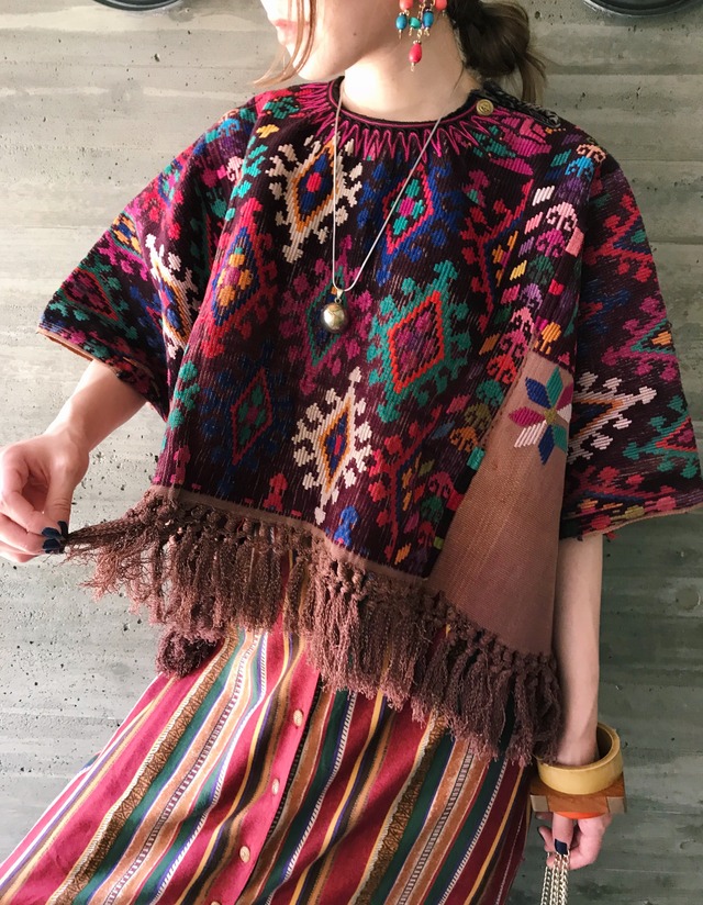 Vintage Guatemala brown embroidery fringe tops ( ヴィンテージ グアテマラ ブラウン フリンジ 刺繍 トップス