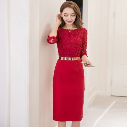 ワンピース レディース 異素材ミックス ドッキングワンピ—ス 黒赤 ベルト タイトワンピース 7分袖 結婚式 パーティ お呼ばれ ワンピース レディース 異素材ミックス ドッキングワンピ—ス 黒赤