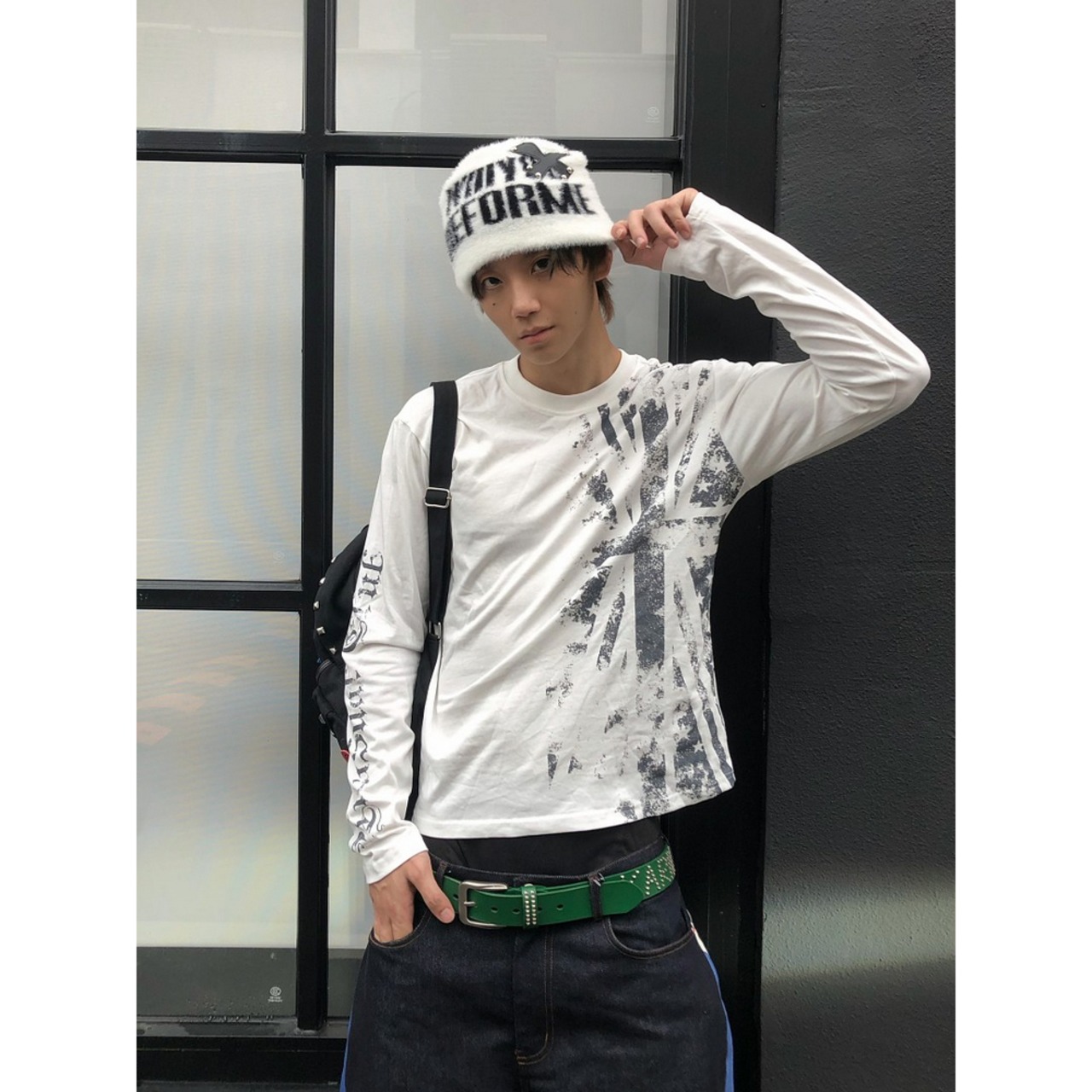 VINTAGE ストリート フラッグプリント ロングTシャツ T2279