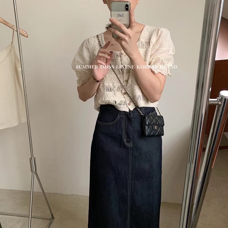 トップス サマースタンダードショートスリーブカラーカーディガン レトロ 夏物 スクウェア ビッグFスモールZ韓国92719171452