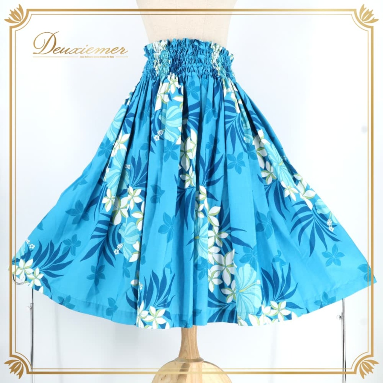 フラダンス 衣装 Aloha Emika アロハエミカ パウスカート ブルー系 プルメリア柄 花柄 植物柄 ハワイアンプリント ハワイアン アロハ フラ ダンス レッスン 練習 ハワイアンダンス グリーン系 ホワイト系 水色 青 白 黄緑 シングル スカート フレア 華やか 鮮やか かわいい おしゃれ 上品 さわやか