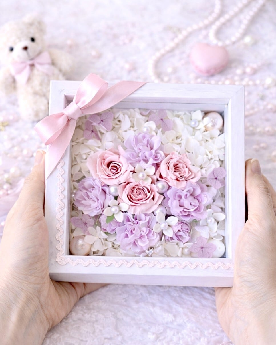 ことばの花束フラワーフレーム【HGF-02】縦横15㎝│ 木枠ガラスフレーム｜ ピンクローズ│ギフト｜ 記念日│誕生日│お餞別に