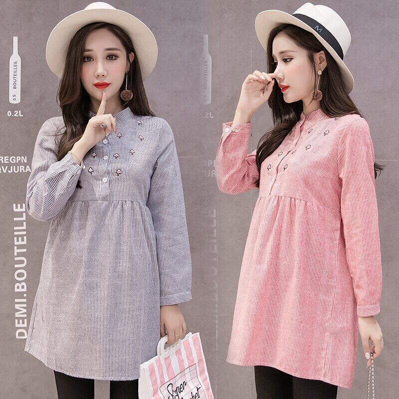 【新作】【送料無料】 740＃マタニティ服春秋ストライプコットン長袖刺繍ブラウスドレス妊婦ママドレス ロング レッド スプリング 春物 オータム 秋物 AL expec396604616783