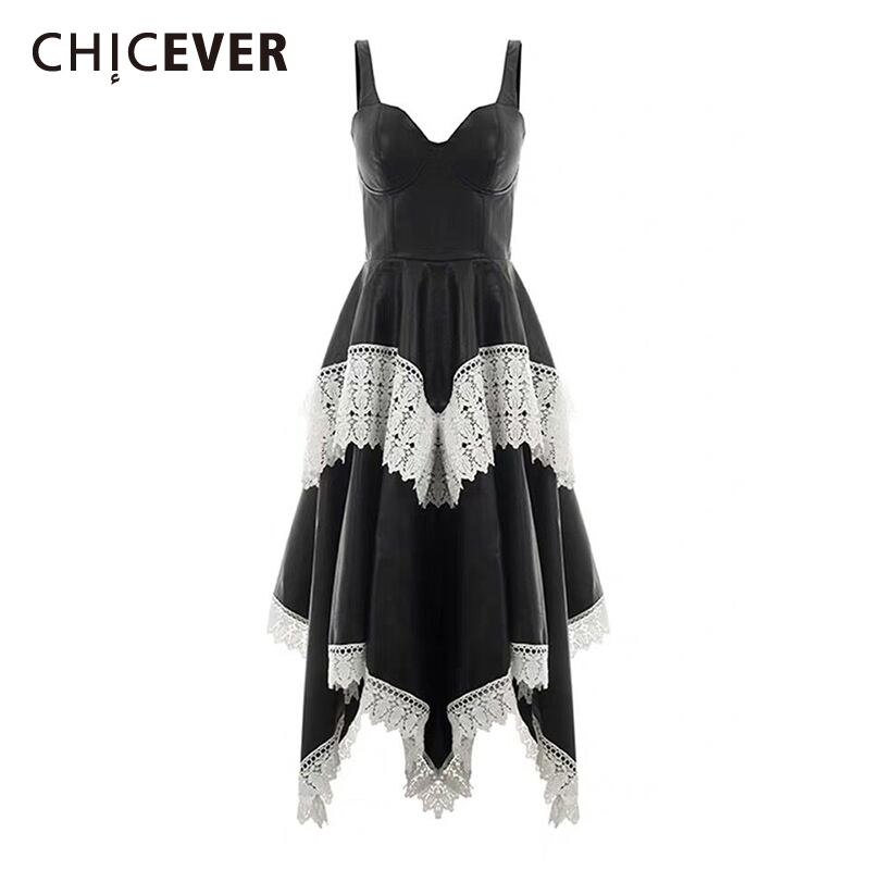 CHICEVERパーティードレス女性Vネックノースリーブスリングウエストヒットカラーパッチワークレース裾黒ドレス2020服 ブラック 6base599390650820