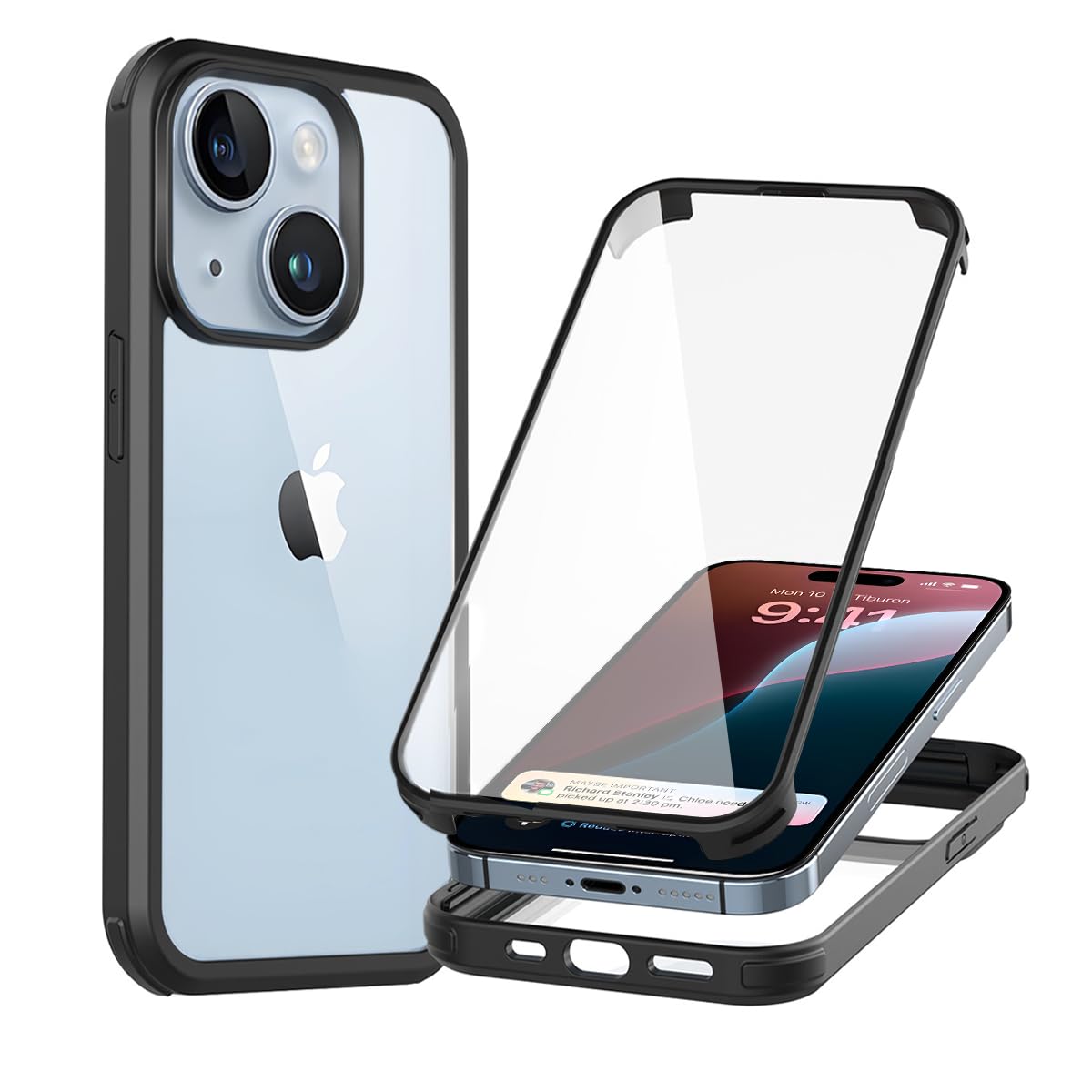 SDMOLO iPhone 15 用ケース 耐衝撃 滑り止め 指紋防止 米軍MIL規格 マット仕上げ 黄変防止 耐久性 カバー ワイヤレス充電対応 前後 両面9H強化ガラス アイフォン 15 対応 6.1 インチ (ブラック, iPhone15)