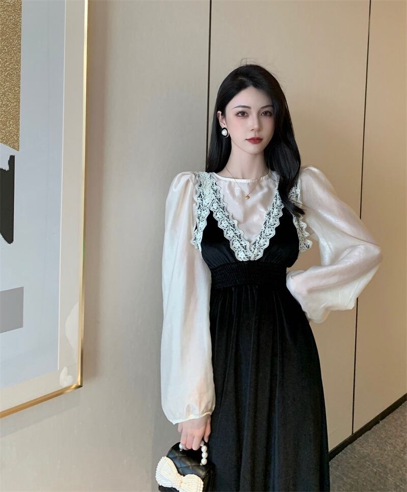 スタンダードベルベットドレス オータムスカート レースウェスト レトロ 秋物 ブラックストロベリース34680203051