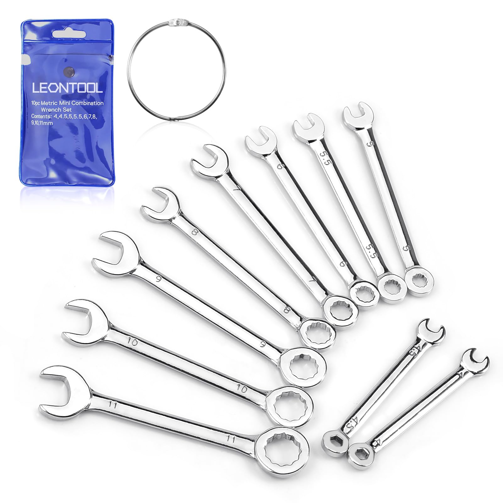 LEONTOOL ミニスパナセット 極薄スパナ コンビスパナセット 10本組 4mm/4.5mm/5mm/5.5mm/6mm/7mm/8mm/9mm/10mm/11mm 片目片口スパナ コンビレンチ ミリ規格 コンビネーションレンチセット ショートタイプ 薄型 軽量 収納袋付き 作業工具 父の日 ギフト お父さん プレゼント