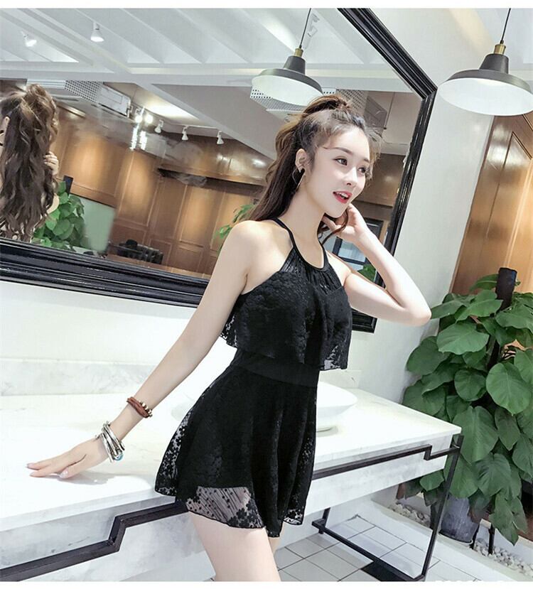 Z-20117 水着 ワンピース ドレス風 総レース クロス ハイネック フリル