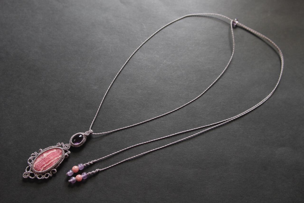 Rhodochrosite & Amethyst micro macrame pendant