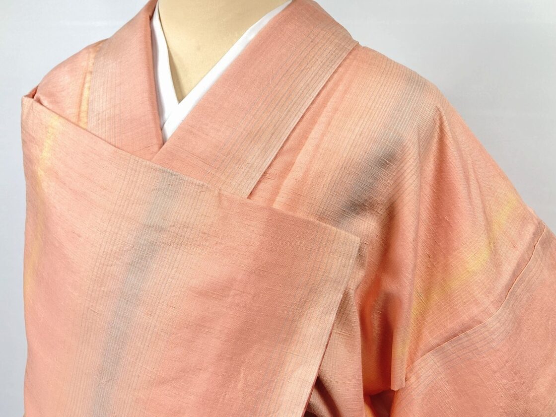 紅花紬 証紙付き 縦縞 小紋 袷 正絹 ピンク オレンジ 水色 黄色 1163 