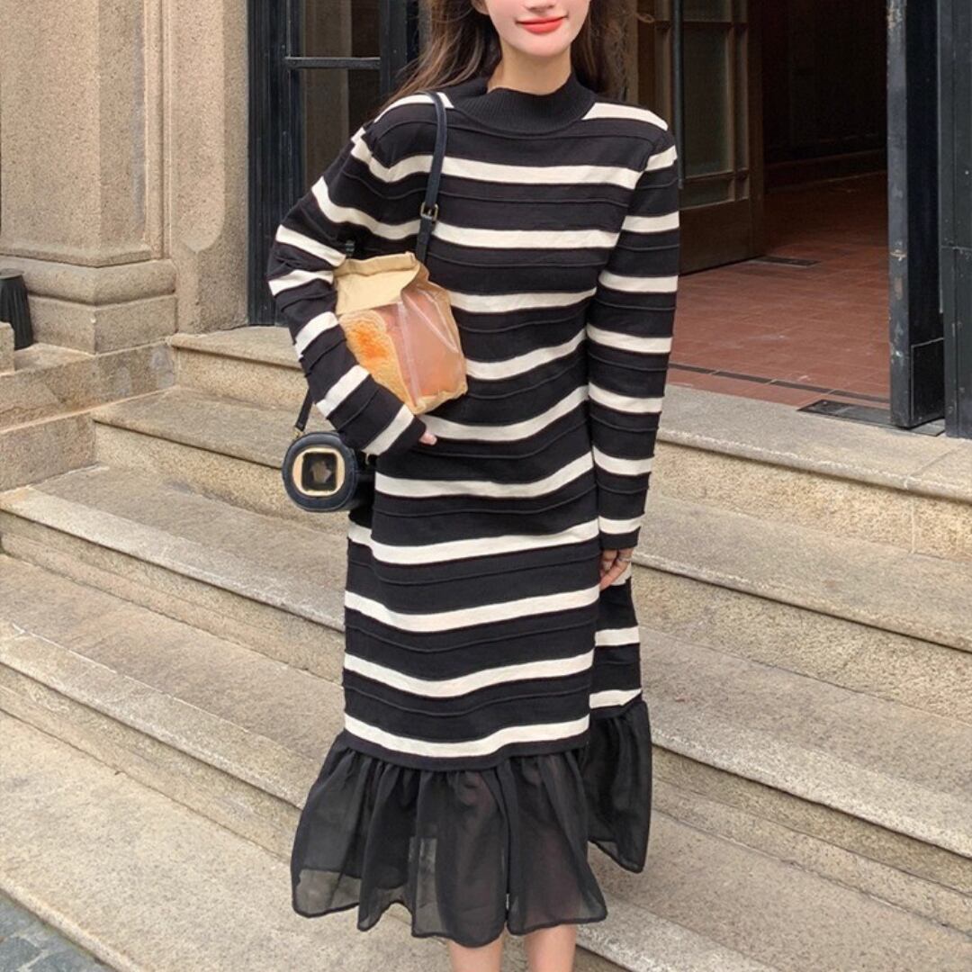 Border knit lace docking one piece【2col】 00018