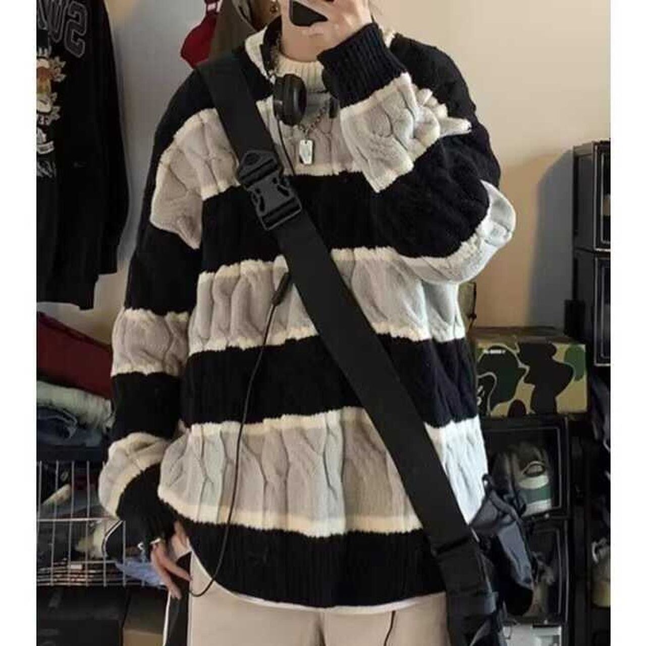Loose-fit striped knit sweater(MT1718)
