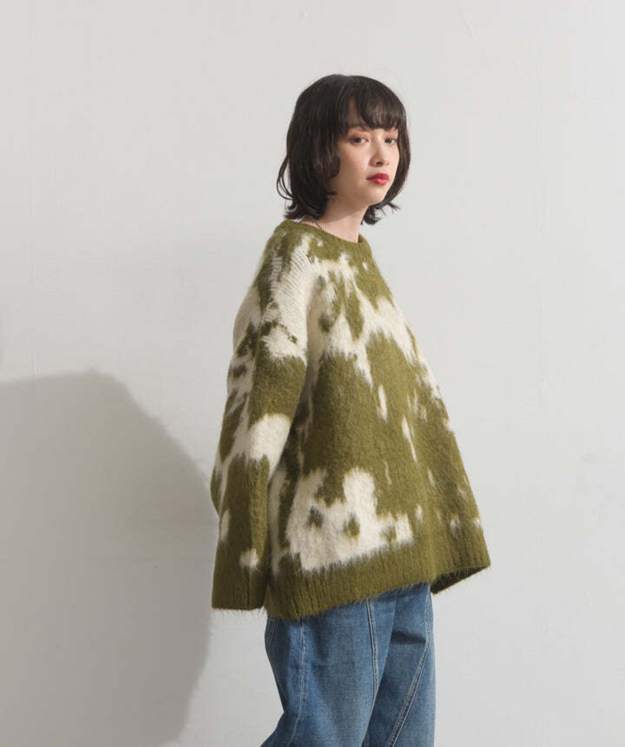 HD2510057  モヘアタッチタイダイ柄オーバーサイズニットプルオーバー green