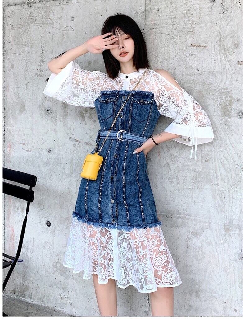 デニムワンピース レース フラワー オフショルダー XXL XL ホワイト 