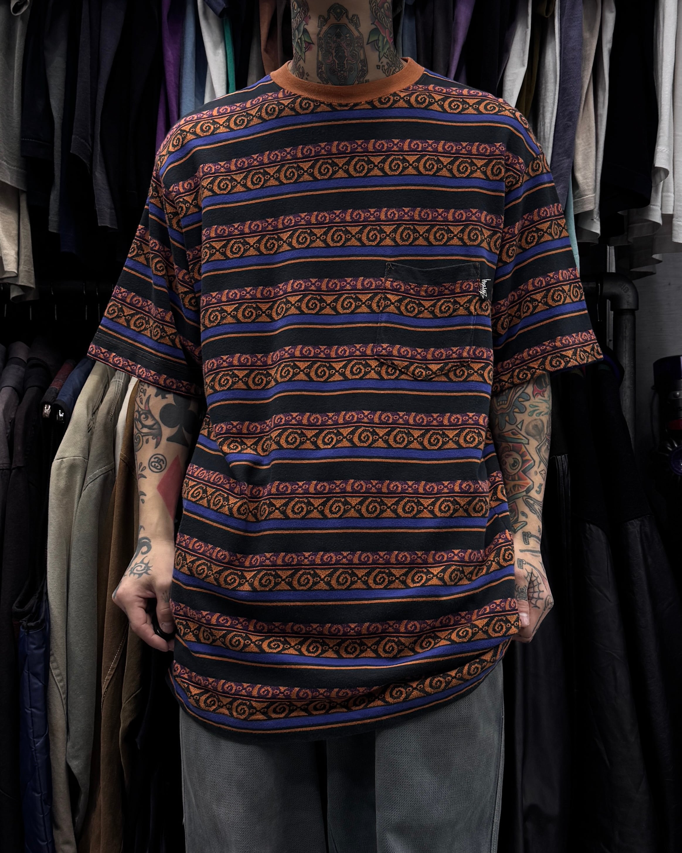 80's old stussy USA製 ボーダーTシャツ　ジャガード織　L 80's~90's old stussy Jacquard Pocket Tee “黒タグ” “総柄” “ボーダー
