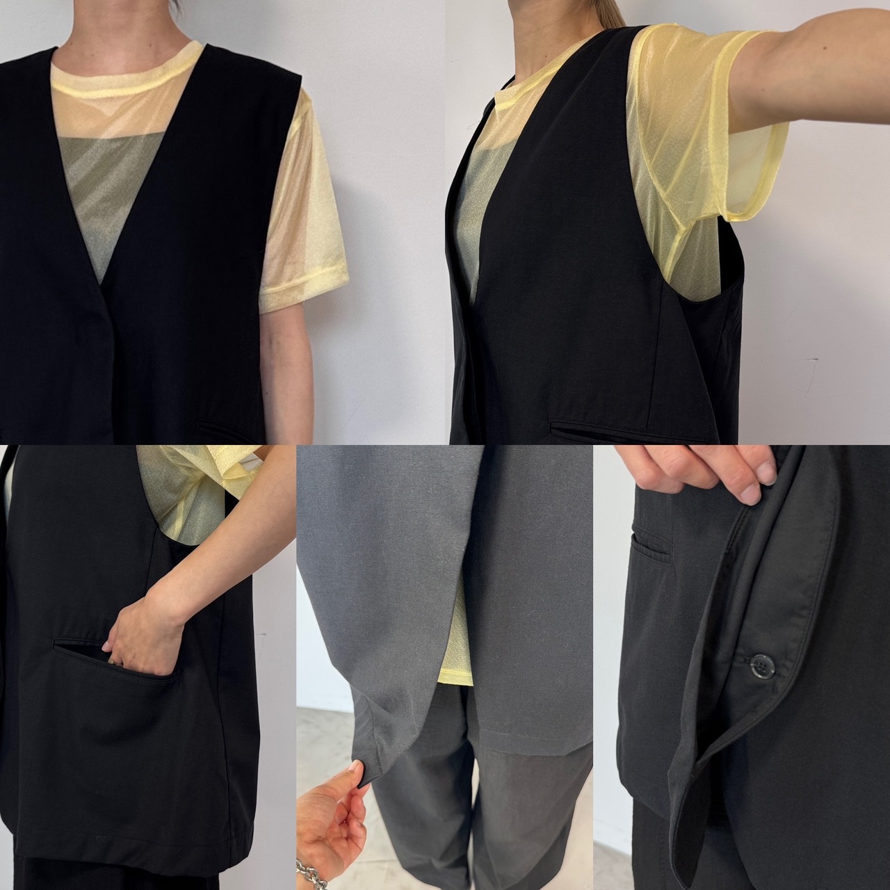 バックスリットフレンチリネン混gilet/ブラック