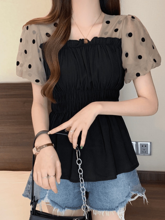シアードットパフスリーブトップス 韓国っぽ ガーリー フェミニン 大人可愛い きれいめ カジュアル ドット 異素材 体型カバー 大きいサイズ 韓国 CH11654