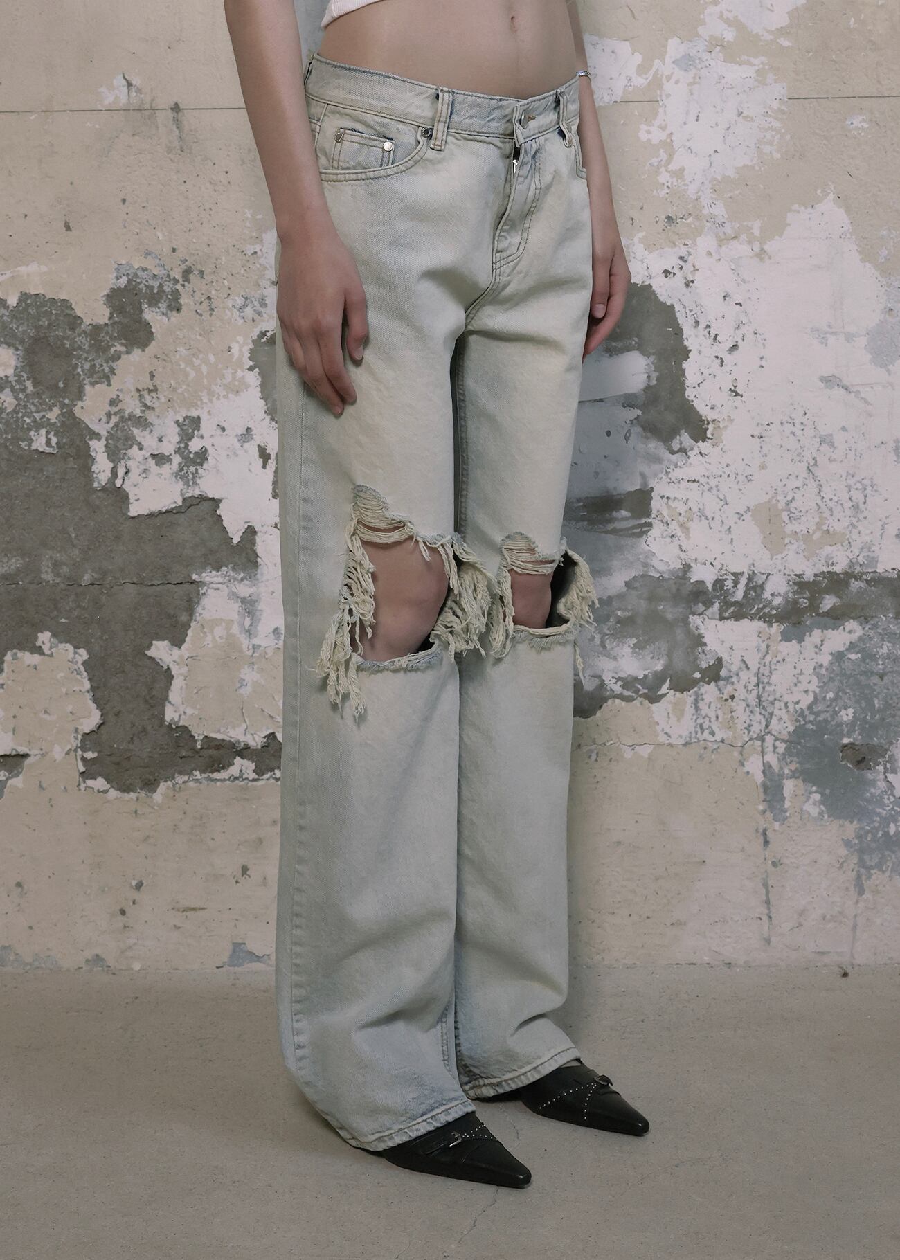 BOHEMIAN SEOUL] KNEE-DAMAGED WIDE JEANS, LIGHT BLUE 正規品 韓国