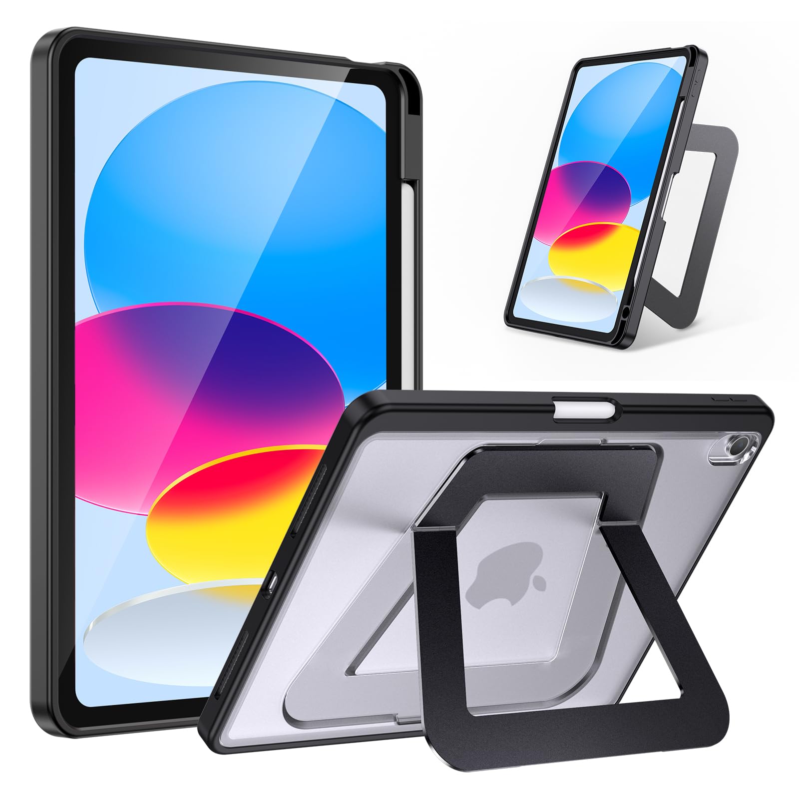 【米軍MIL規格・縦置き/横置きスタンド】iPad A16 ケース 第11世代(2025)/第10世代(2022)対応 専用カバー アルミ調節式 縦横スタンド ペンシルホルダー付き 薄型 軽量 耐衝撃 半透明カバー (ブラック)