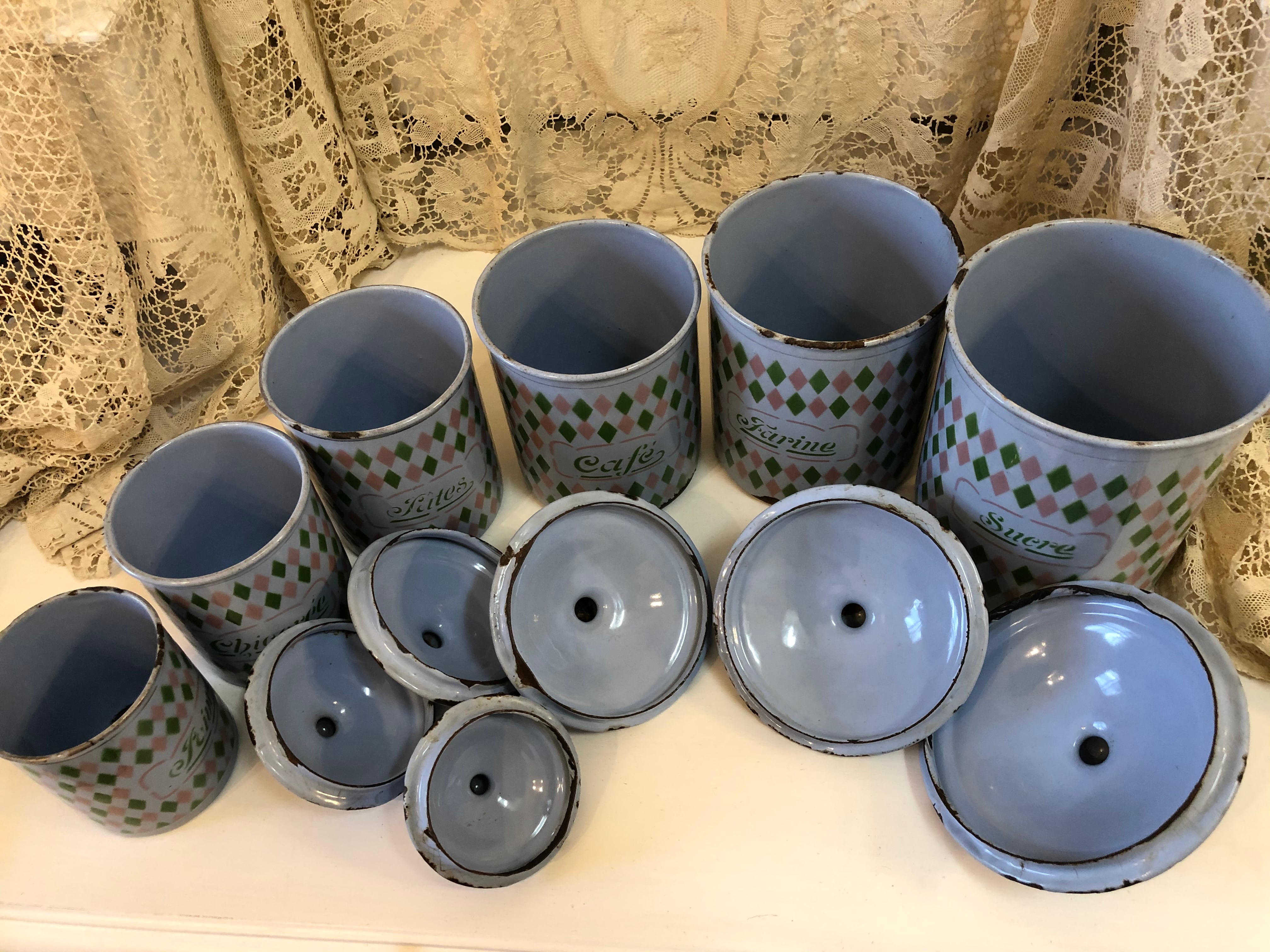 フランス アンティーク BF社 ブルー ホーロー キャニスター6セット