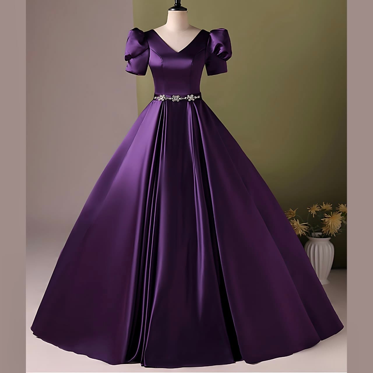 Vネック ウエストビジュー ロングドレスR 1540