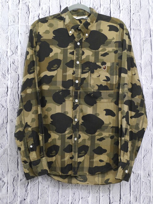 極美品★A BATHING APE CLASSIC LOGO ベイシング エイプ カモフラ柄 コットン地 長袖 ロングスリーブ シャツ 迷彩 M★