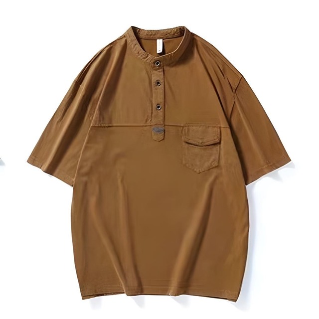 Band Collar Pocket Short-Sleeve Shirt ◇3color H0131