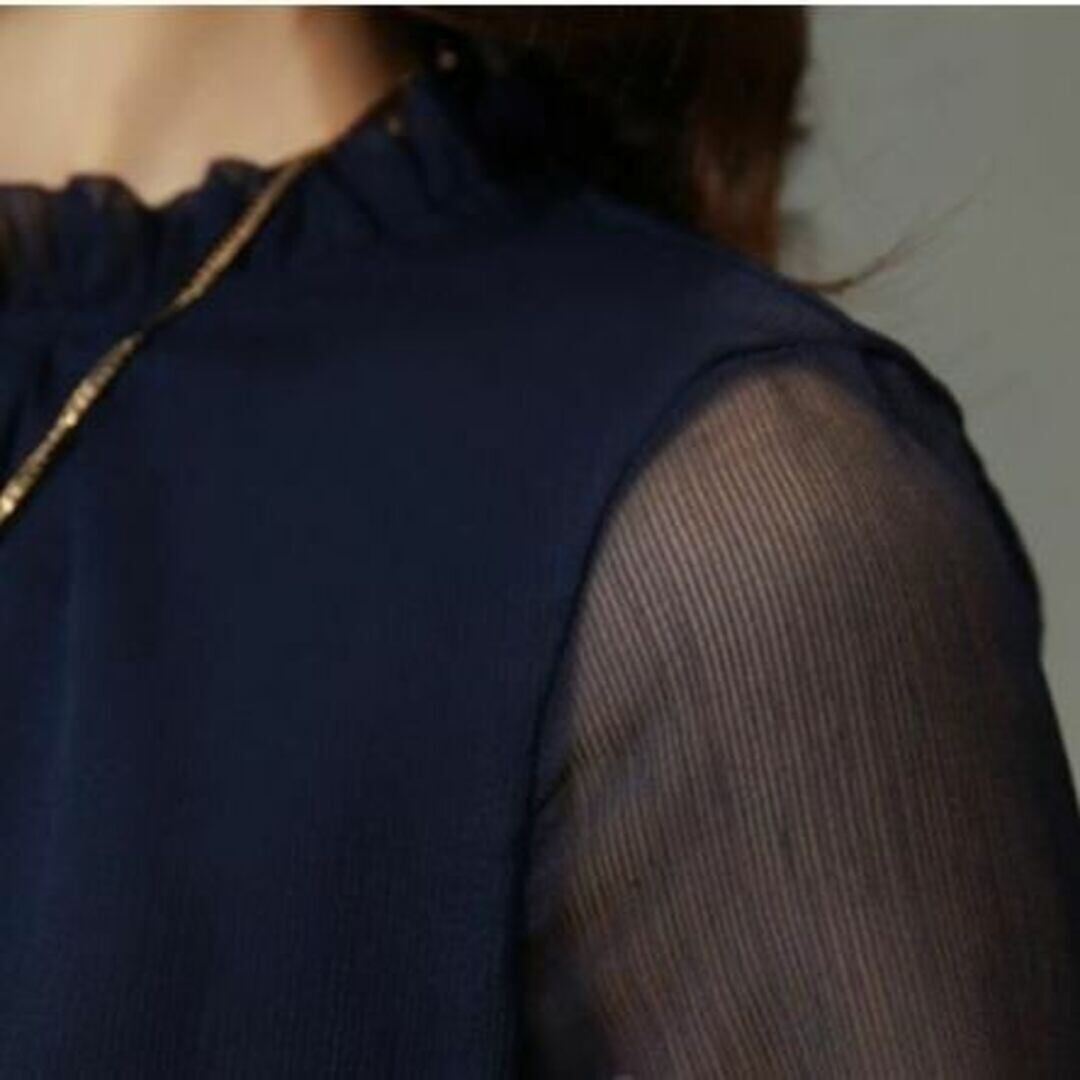 Lネイビー レディース ブラウス シフォン 長袖 シースルー フォーマル シャツ