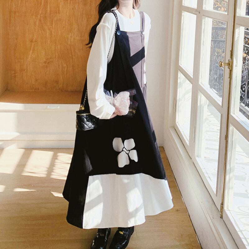 Monochrome Floral Asymmetric Pinafore Maxi Dress S0297