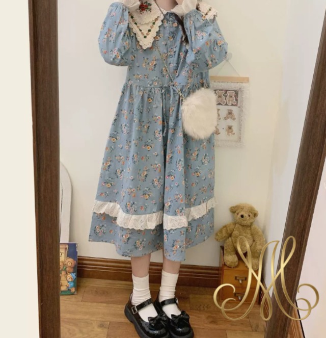 L~4XL 大きいサイズ 森ガール 水色 ワンピース カントリー風 刺繍襟 チロルワンピース ガーデニング