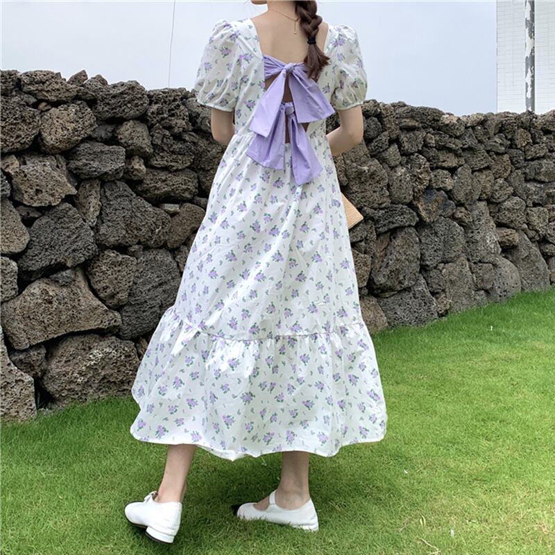 フローラルスカート スタンダードドレス サマースリーブウェストロング レトロ 夏物 花柄 萌量不足69578786910