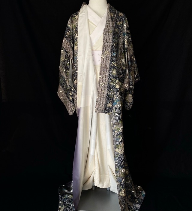 焦茶に小花模様の洒落袋帯〉焦茶 トール 手織り 普段着の帯 締めやすい  