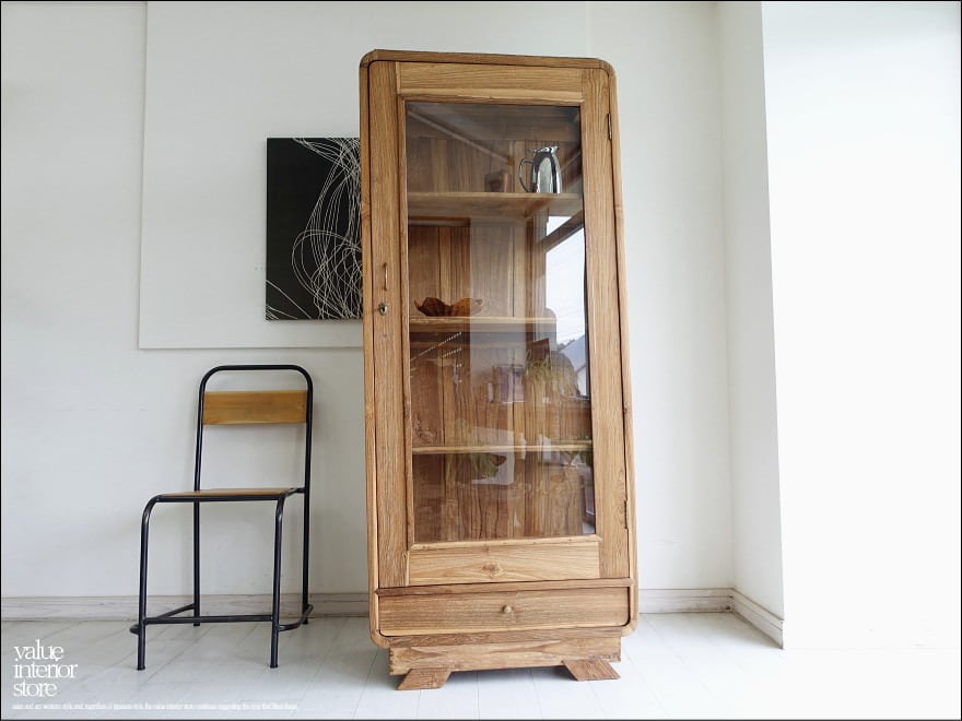 チーク無垢材 ヴィンテージキャビネット/EK 食器棚 ショーケース 陳列棚 店舗什器 アンティーク 飾り棚 再生家具 表面再仕上 三大銘木 H174cm