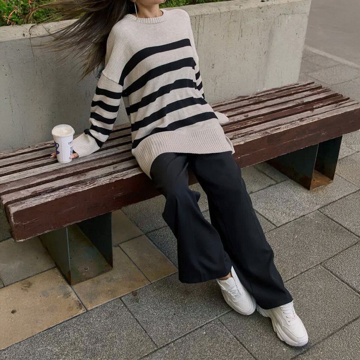 ニット セーター ボーダー柄 長袖 レディース 春秋 トップス 韓国 大人 カジュアル おしゃれ ゆったり 体型カバー サイドスリット ドロップショルダー ボーダーニット 大人可愛い 大人女子