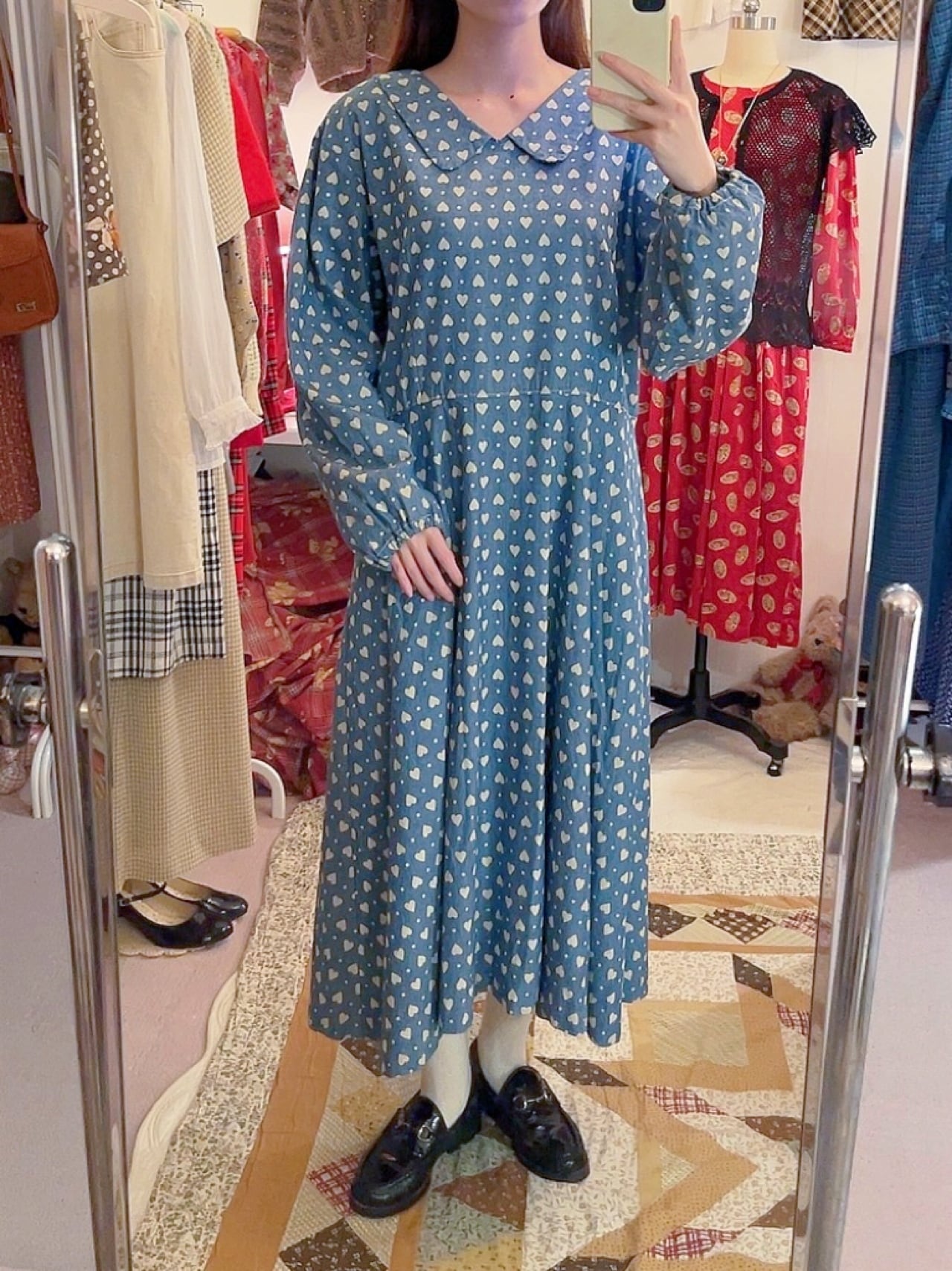 heart dot denim flare one-piece