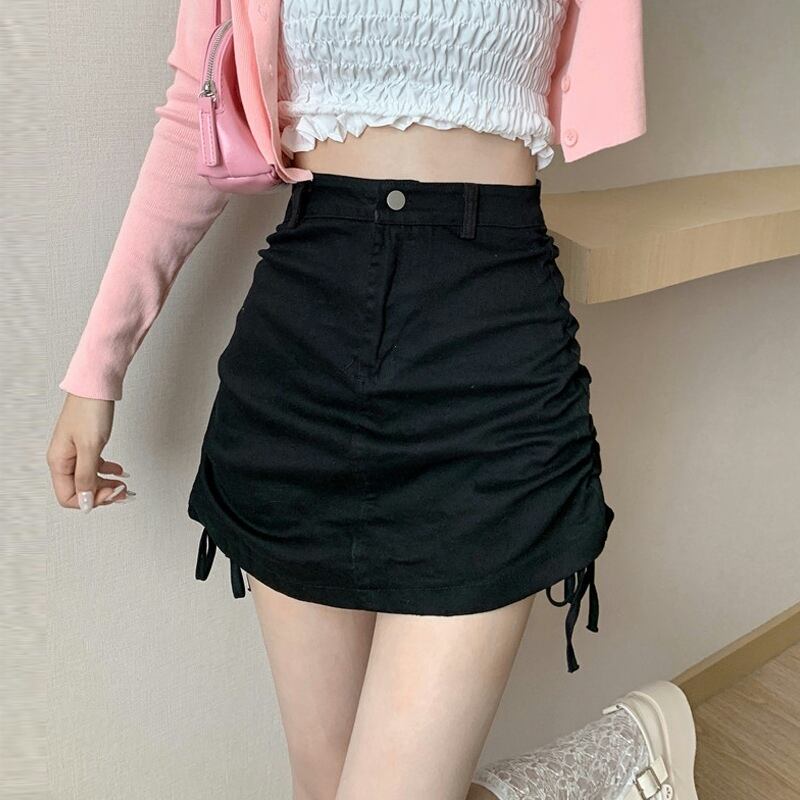 ブラックスカート ハイウェストウェストAラインサマーショート 大人ガーリー スウィート キュート カジュアル 夏物 試着室38207929482