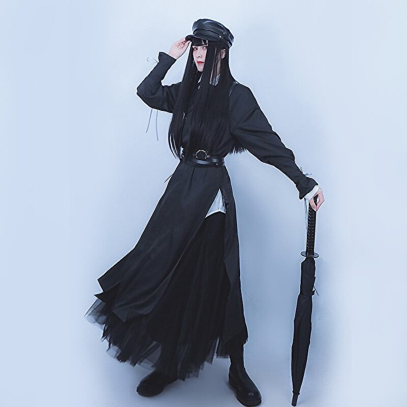 ロング コート ユニセックス ミリタリー風 チェーン ブローチ レザー