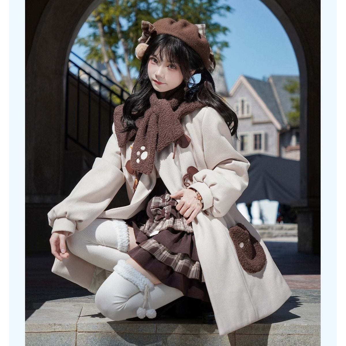 ホワイトブラウンベアダッフルコート | Maiden's Rêve