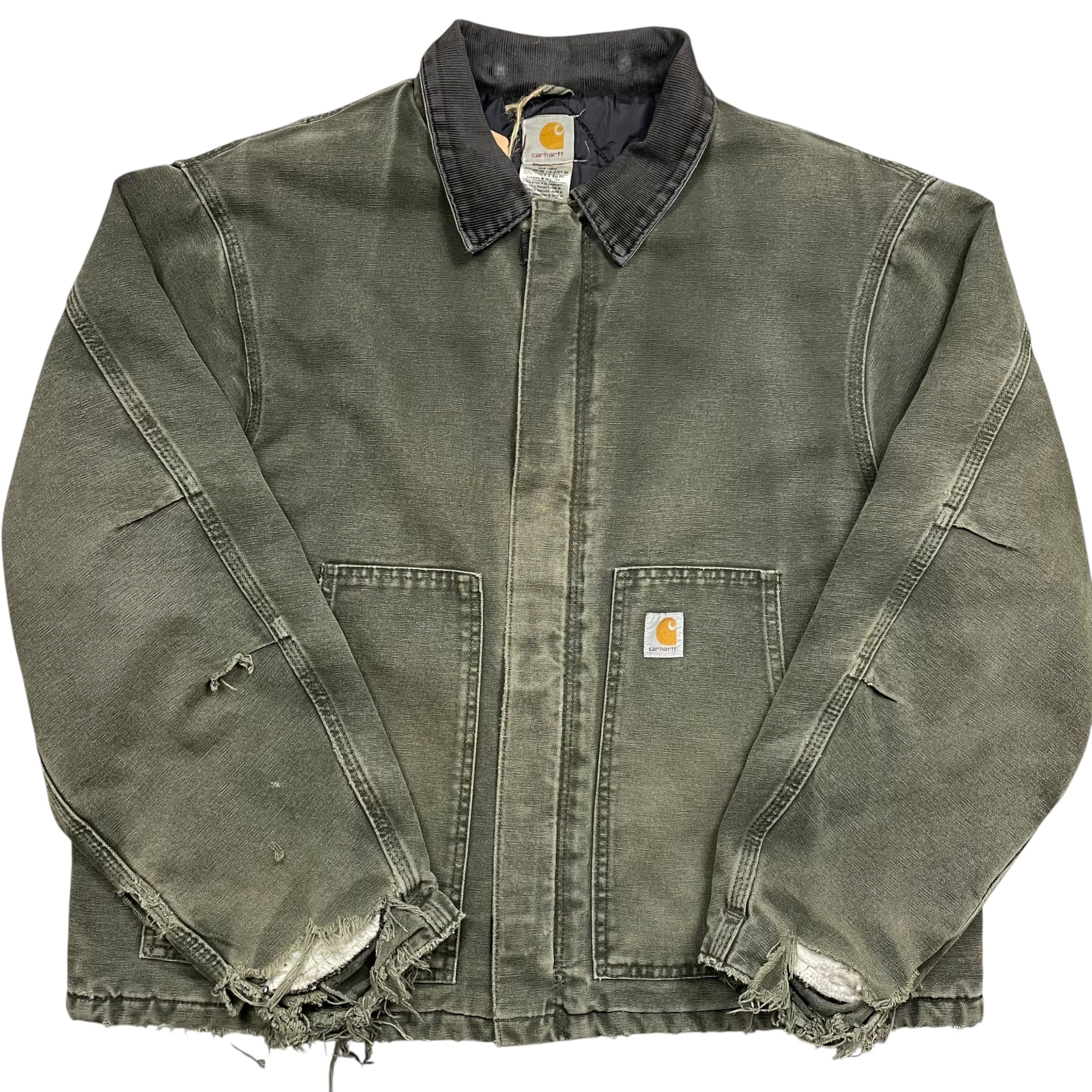 《XL》Carhartt カーハート トラディショナルコート ダックジャケット モスグリーン ワンポイントロゴ ダメージ ハチノス フェード 襟コーデュロイ 裏地ダイヤモンドキルティング no.9739