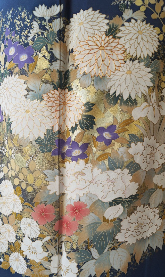 【袷】濃藍色　四季花文　訪問着