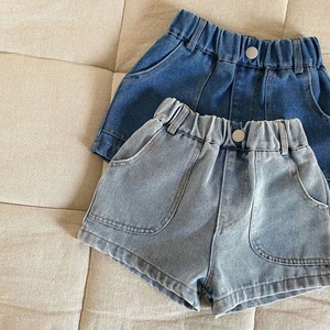 《取寄》デニムベイカーショートパンツ （ウォッシュブルー／ブルー） QQMM 2025夏 韓国子供服 ボトムス パンツ 短パン ハーフパンツ デニムパンツ （80~150cm）